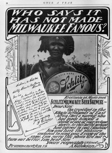 Schlitz advertisement copied from the "Milwaukee Press Club Annual." The image features an African man holding a Schlitz advertising sign. Underneath the image is an explanation of how and where the photograph was taken, signed by A. Gulowsen.