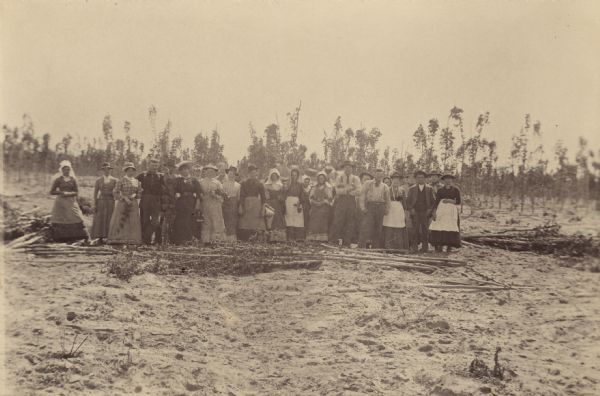 Group portrait of men and women posing in hop field. Most of the women are wearing aprons, and some of them are holding plants from the harvest. In the foreground are the large wooden poles used as trellises for the hops plants. In the background of the image are plants that have yet to be harvested.