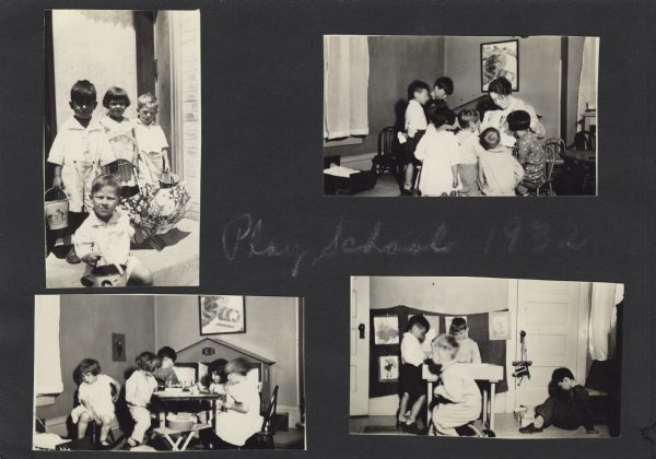 Page from a scrapbook kept by Neighborhood House with images from the Play School: a group of children posing outdoors with buckets and a parasol, director Mary Lee Griggs reading to a group of children, and images of children at play in a classroom.