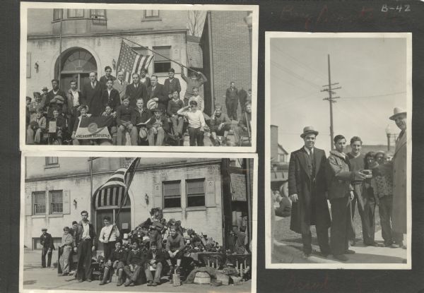 Page from an album kept by Neighborhood House, with three images of a Boy Scout troop: a group portrait in front of the settlement house with men and boys holding an American flag and another flag that reads, "Americus Vespucius"; a group portrait in front of Neighborhood House with boys holding a flag and posing with tin cans they have collected; and a teenage boy receiving a tin of coffee from a man in an overcoat and hat and standing with another similarly dressed man as a group of children look on in the background.