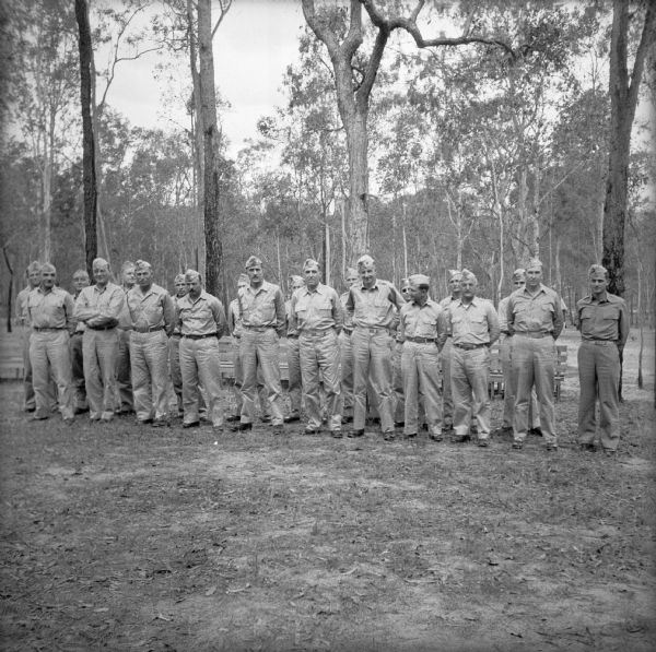 A group of 32nd "Red Arrow" Division officers at Camp Cable, near Brisbane, Australia, for the awarding of the Distinguished Service Cross, the second highest military decoration, to Major Gray.