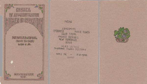 Front cover, menu, and back cover of program ("Conferring the Service Stripes") for a dinner at the Medford Hotel, with a deep rose hand-colored border with birds perched in the corners accented with green and purple watercolors. The drawing on the back, colored with green, deep rose, and purple, might be a flowering plant or an abstract design. Printed on light rose laid paper stock. Lizzie Black Kander (Mrs. Simon Kander) "Member, Board of School Directors, August 1907 - July 1919" was the guest of honor.