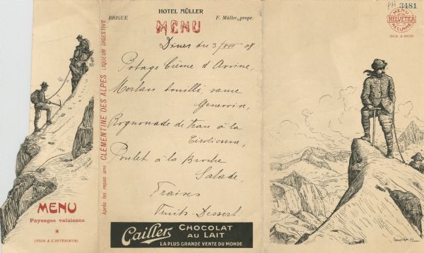 Foldout menu from the Hotel Müller, with two men using a pick and line to ascend a mountain on the flap, which opens to reveal the men as they attain the summit. Both drawings are signed "Francois Gos, fils Claseur(?)". The menu listing is handwritten.