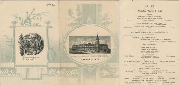 Exterior and interior menu listing of the Fountain Spring House, with visitors strolling the grounds of a tree-filled park with the hotel in the background and a three-quarter view of the hotel, set into fields amidst decorative printer's ornaments and frames, and a singing bird perched on a leafy branch.