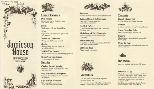 Menu from the Jamieson House, with decorative borders featuring putti holding a platter of meat, wine cellar keys, and a basket of wines; decanting wine from barrels; and toting bottles in each arm. Various kinds of seafood and game appear felled and ready to be dressed. A bunch of grapes, as well as leaves, trailing tendrils, a vase, and a tureen also adorn the cover of the foldout menu.