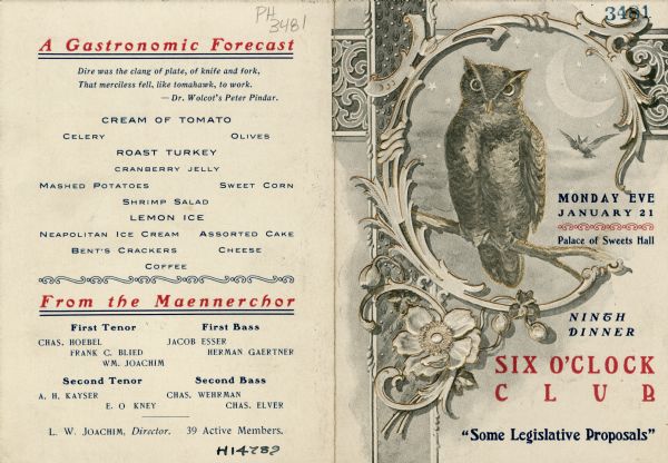 Back and front covers of the ninth dinner of the Six O'Clock Club, an organization that met several times a season to hear speakers on various civic issues. On the cover is an owl perched on a branch, framed by scrollwork accented with a flower in the lower left-hand corner. An owl in flight and a crescent moon in a starry sky hover in the background. Raised printing with gold accents and the name of the club in red ink.