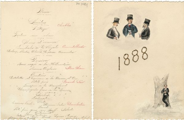 Menu page and back cover for a "Dinner tendered Geo. P. Merrill by Chas. H. Wheeler," with a handwritten menu with wines and spirits in red, and colored pen and ink half-length drawings of three men in top hats and dress coats and holding beverage glasses. The year "1888" is written in thick, textured gold ink, and a pen and ink full-length drawing of a man in a black suit standing in the snow and leaning against the trunk of a tree.