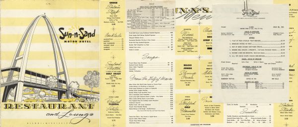 Menu from the Sun-n-Sand Motor Hotel, with an illustration of an arch over an elevated, covered walkway, cars on the road beneath, and the motel in the yellow and white striped background.