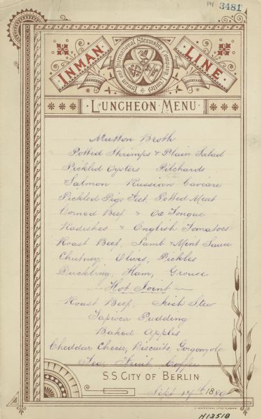 One-page menu with a roundel with the seal of the Inman and International Steamship Company Limited, decorative borders, and corner ornaments.