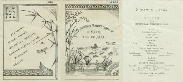 Dinner menu from the Steamer <i>Japan</i> of the Lake Superior Transit Company, with a panel including a stalk of bamboo, a dragonfly, and a butterfly, and a landscape with herons standing in the water near bamboo plants and irises, mountains in the background and decorative borders and corner accents.