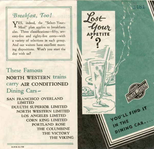 Leaflet with sample menu and an illustration of a tall cold drink, behind which other dishes hold steaming hot food. The interior of the leaflet has an illustration of a couple sitting in a dining car over drinks and coffee, while the man smokes.