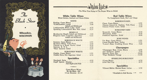 Wine list menu for The Black Steer, with a waiter holding a serving tray with a bottle and two glasses, and making an "okay" motion with his other hand; in the background is a table with three diners enjoying food and wine.