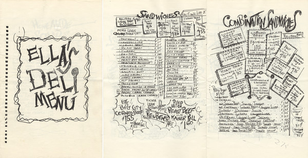 Front page and sandwich pages from the hand-lettered, multi-page Ella's Deli menu. Other pages include open-face platters, jumbo deli platters, fish and salad platters, hamburgers, kosher franks, bagels, cheese blintzes, salad bowls, omelettes, and desserts, such as the grilled pound cake sundae.