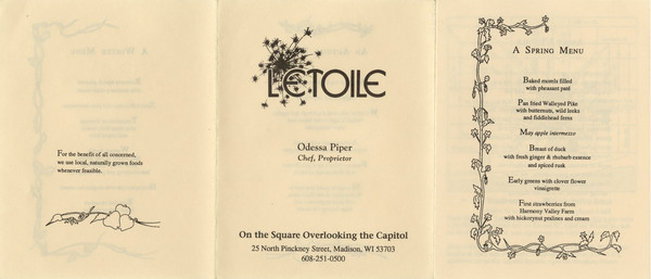L'Etoile Restaurant Menu Sampler Exterior Leaflet from L'Etoile Restaurant with the restaurant logo and a sample menu for spring, with a border illustration of a strawberry plant.