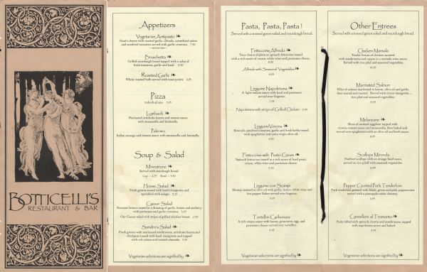Front cover and menu pages from Botticelli's Restaurant, with an image of the Three Graces based on a detail from the Sandro Botticelli painting, <i>Primavera</i>. Botticelli's operated from the early 1990s to 1997.