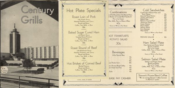 Front cover and interior of menu for the Century Grills at the 1937 World's Fair. On the cover is a black and white photograph of a fair building, and silver and black Art Deco-style borders frame the menu listings.