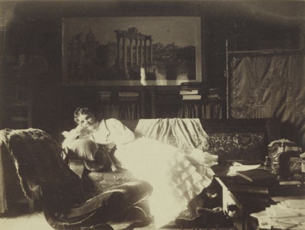 Sarah Fairchild Dean Conover, sister of Civil War hero and governor Lucius Fairchild, reclines on a sofa in her home at 424 North Pinckney Street.