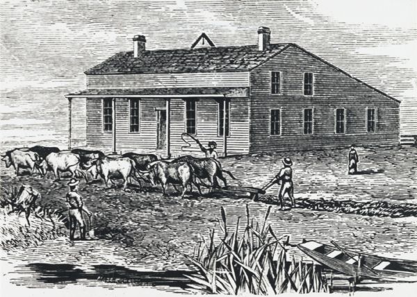 Sod-breaker and five yoke of oxen plowing in front of the “Old Cottage Inn.” In the foreground a boat is on the shoreline.

