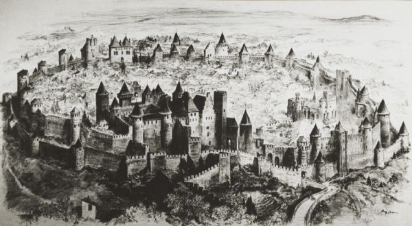 Reduced scale photocopy of a poster drawing of the medieval walled city of Carcassonne, France.