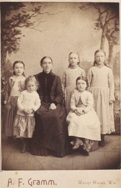 Posed group studio portrait in front of a painted backdrop of Mrs. Cuneen and her five daughters. From left to right: Mamie, Nora, Katie, Annie, and Daisy.

