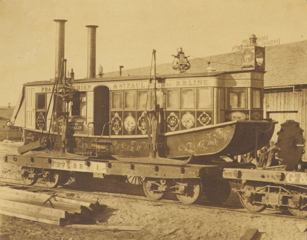 Steam-powered car designed to run on ice across the Mississippi River at Prairie du Chien. The <i>LADY FRANKLIN</i> made one successful trip across, but was then abandoned while the inventor-builder, Norman Wiard of new York, tried to raise money.