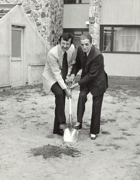 Wisconsin congressmen David Obey (left) and former congressman Alvin O'Konski breaking ground for a United States Forest Services genetics lab. After the census of 1970 much of O'Konski's northern Wisconsin district was combined into Obey's district, and the two men were forced to run against each other in 1972. Although O'Konski lost, this event recognized his contribution to the facility addition.