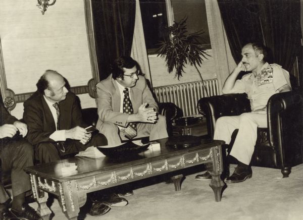 Congressmen David R. Obey of Wisconsin and Ed Koch of New York meeting with King Hussein of Jordan during a congressional tour of the Middle East.