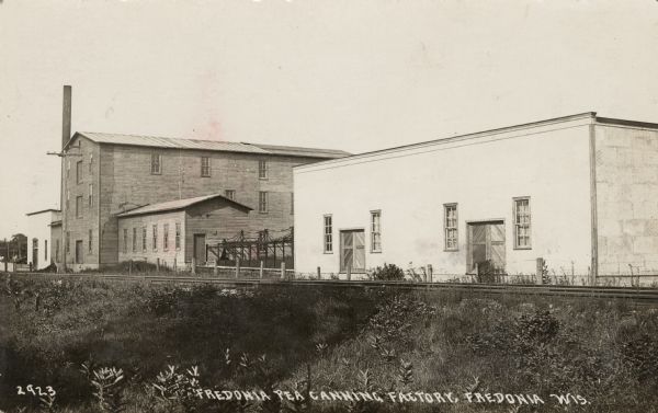 Fredonia Pea Canning Factory View across railroad tracks towards the pea canning factory. Caption reads: "Fredonia Pea Canning Factory, Fredonia, Wis."