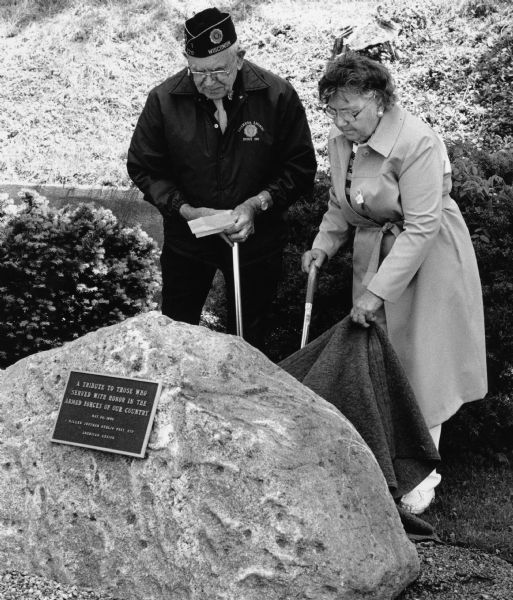 Members of the Threresa American Legion Post 270 dedicated this plaque on Memorial Day. Les Beck, an army veteran, and Lorraine Heinecker, a Gold Star Mother, unveiled the stone.