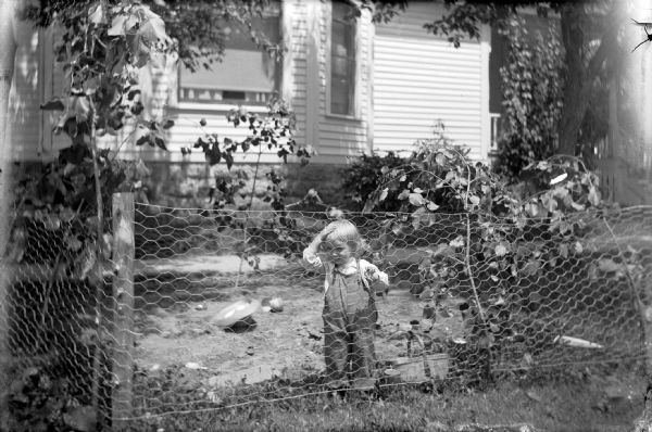 Dressed in overalls, young Robert Ansorge grips the links of a makeshift play pen fence with his left hand. His right hand is on his forehead, and he is looking through the chicken wire at the photographer. Behind Robert a straw hat lays overturned in the dirt. Otto Ansorge's house is in the background.