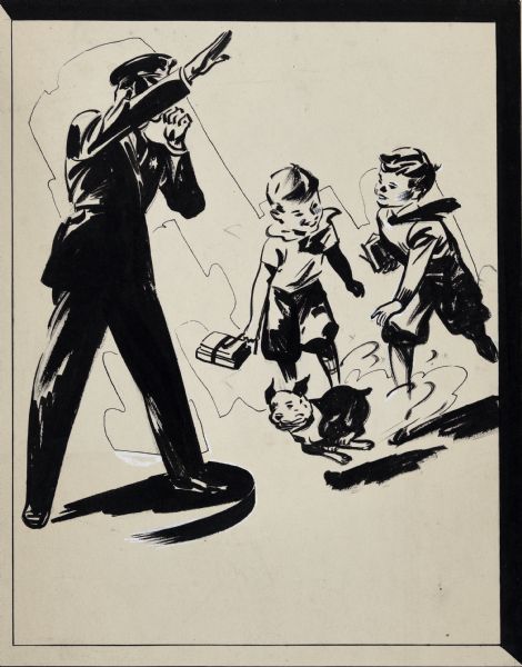 Gisholt Commercial Art Playful illustration art depicting a policeman in uniform with cap, hand raised to stop traffic, while blowing a whistle. Two boys wearing shirts, neckties, and short pants, and carrying schoolbooks in straps are running across the street chasing a small dog.