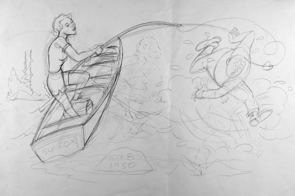 "Sly Fox" A woman is standing in a boat called the "Sly Fox." She is holding a fishing rod with the line attached to a man frantically trying to escape, indicated by sweat drops. The fishing line has a heart as a lure. In the lower center is a rock with the date: "July 8, 1950."