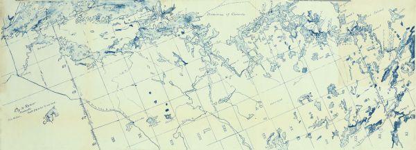 Map of 1910 Canoe Trip A detailed blueprint map showing the route of Howard Greene and The Gang's canoe trip through the Rainy Lake region in 1910.