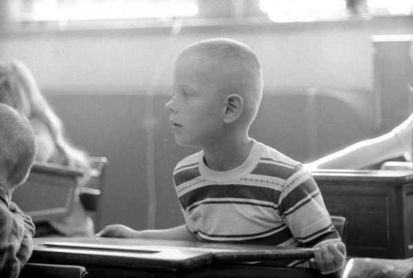 Randy Schwenn's First Day of School Randy Schwenn at Marquette School on his first day in Mrs. Delores Platter's first-grade class.