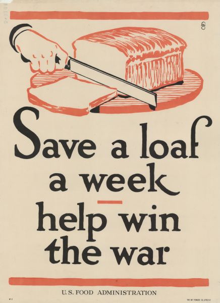 Poster with an illustration of a loaf of bread being sliced by someone using a knife.