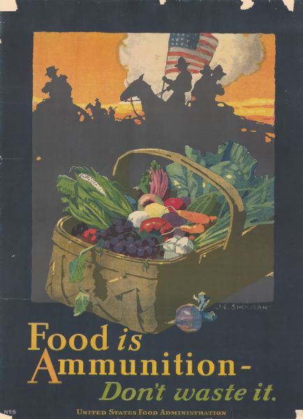 Poster with an illustration of soldiers silhouetted against a colorful sky riding on horseback and carrying an American flag. In the foreground is a basket full of produce.
