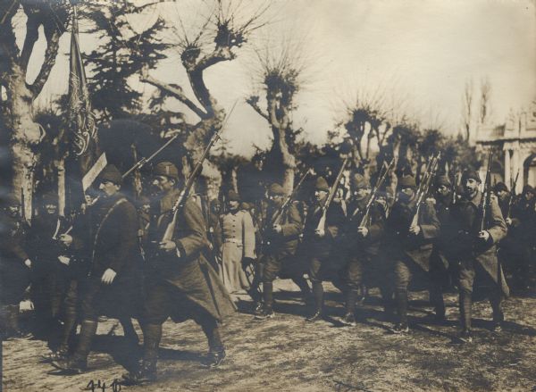 Turkish Infantry on the March Turkish soldiers, infantry, and officers heading to the front of battle.