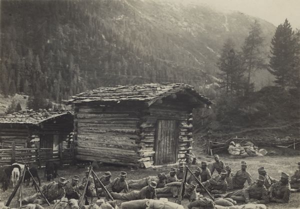 Tiroler Standschützen at Rest Soldiers resting in a village in the middle of the mountains on a break from the front.