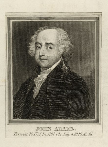 John Adams Lithographic portrait of John Adams, 2nd President of the United States (1797-1801). Includes the inscription "JOHN ADAMS. Born Oct.20.1735 In.1797 Obt.July 4.1826 AE. 91."