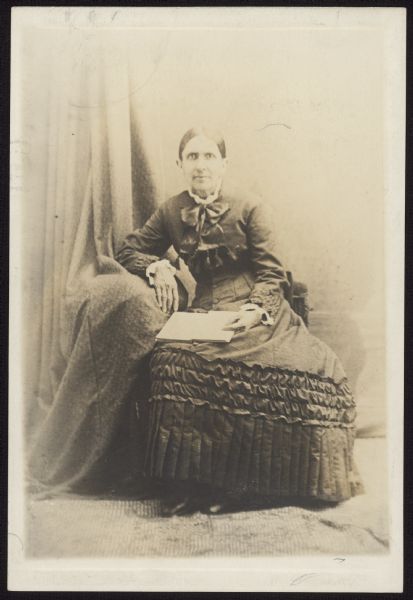 Mary Myott Alexander Carte-de-visite portrait of a seated woman. Caption reads: "Letter, July 21, 1921, N. W. Jipson to L. P. Kellogg (in office file) says: 'Knowing of your interest in the half breed Winnebago interpreter, Catherine Myott, daughter of Nicholas Boilvin and a Winnebago woman, I am sending you a photo of her daughter, Mary Myott Alexander which was copied from an old photo kindly furnished by a granddaughter of the last named lady, Miss McCullom of Mankato, Minn....'"