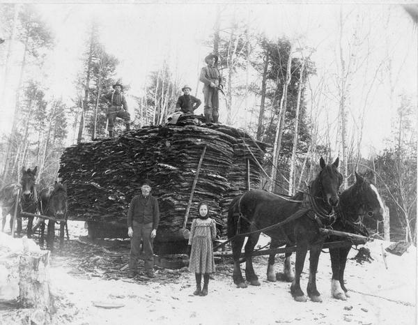 Men with horse-drawn load of lumber with a little girl standing in front.