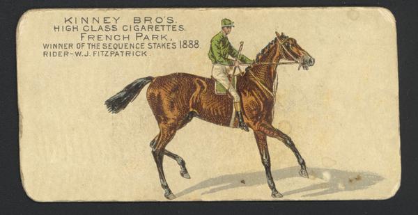 Cigarette Advertising card produced by Kinney Brothers. Depicted is W.J. Fitzpatrick, a jockey and 1888 winner of "The Sequence Stakes."