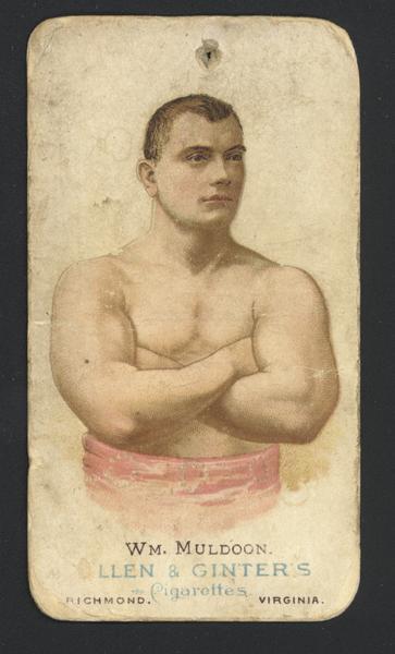 Cigarette advertising card produces by Allen and Ginters. Depicted is William Muldoon, wrestler. Muldoon learned how to wrestle in the Civil War camps of the North. Known for his strength and endurance, he was a world champion in Greco-Roman wrestling.