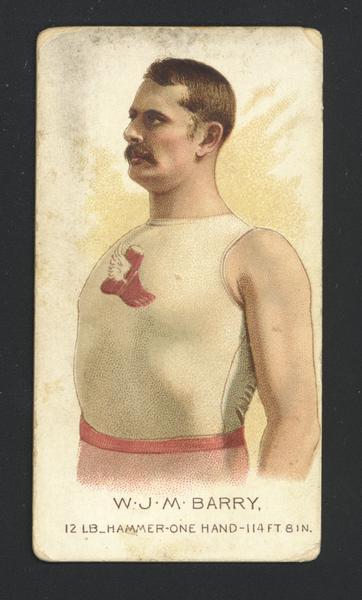 Cigarette Advertising Trade Card produced by Allen and Ginter. Depicted is W.J.M. Barry, Hammer Thrower.