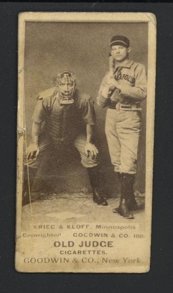 Cigarette Advertising Trade Card produced by Old Judge Cigarettes. Depicted are Bill Krieg and Gus Klopf, two Minneapolis Millers baseball players.