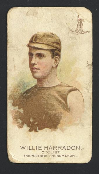 Cigarette Advertising Cards produced by Allen and Ginter. Depicted is Willie Harradon, a cyclist also known as "The Youthful Phenomenon."