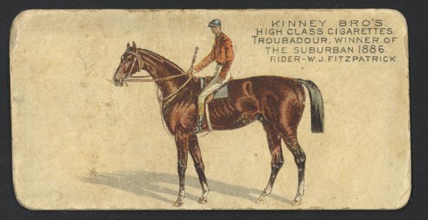 Cigarette Advertising Card produced by Kinney Brothers. Depicted is W.J. Fitzpatrick, a jockey and winner of "The Suburban 1886."