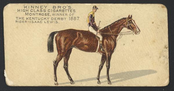Cigarette Advertising Card produced by Kinney Brothers. Depicted is Isaac Lewis, a jockey. Lewis rode in four consecutive Kentucky Derbies, 1886-1889, winning in 1887 as a 17-year-old on Montrose.