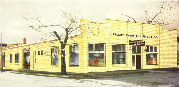 The front of the Eilert Farm Equipment Company, an International Harvester dealership. The image was on the cover of a brochure titled the "McCormick-Deering Standard Store Plan."