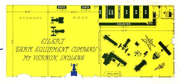 Overhead schematic of the lay-out of the Eilert Farm Equipment Company, an International Harvester dealership. The illustration was in a brochure urging dealers to "modernize" their stores.